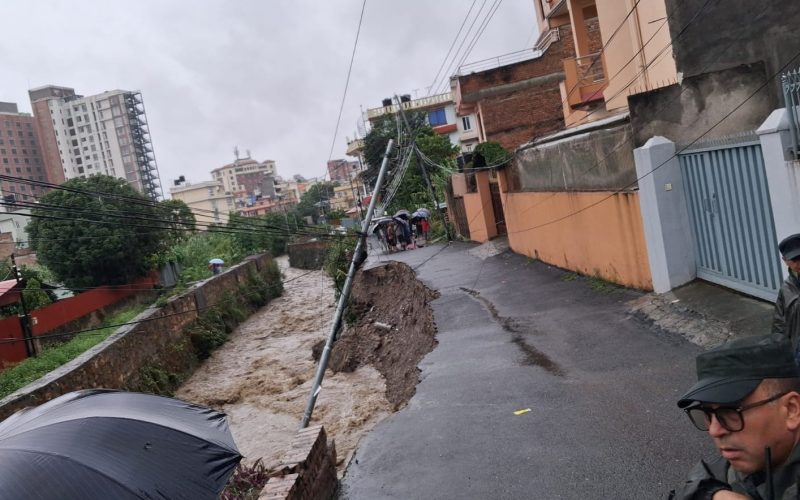 Road Eroded by Syuchatar Stream in Soltimod, Kathmandu; Emergency Measures Underway